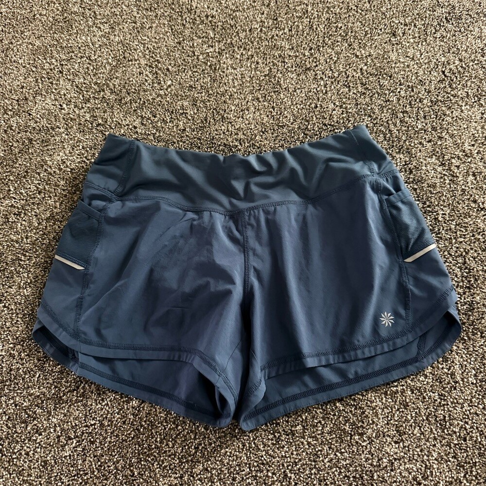 Athleta Women's Running Shorts Blue/Gray Reflective Trim Back Zip Pocket S